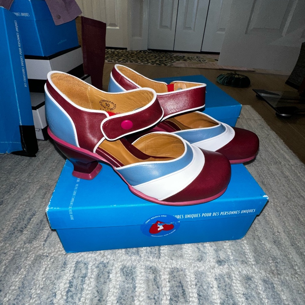 John Fluevog Burgundy and Blue Mary Jane Heels